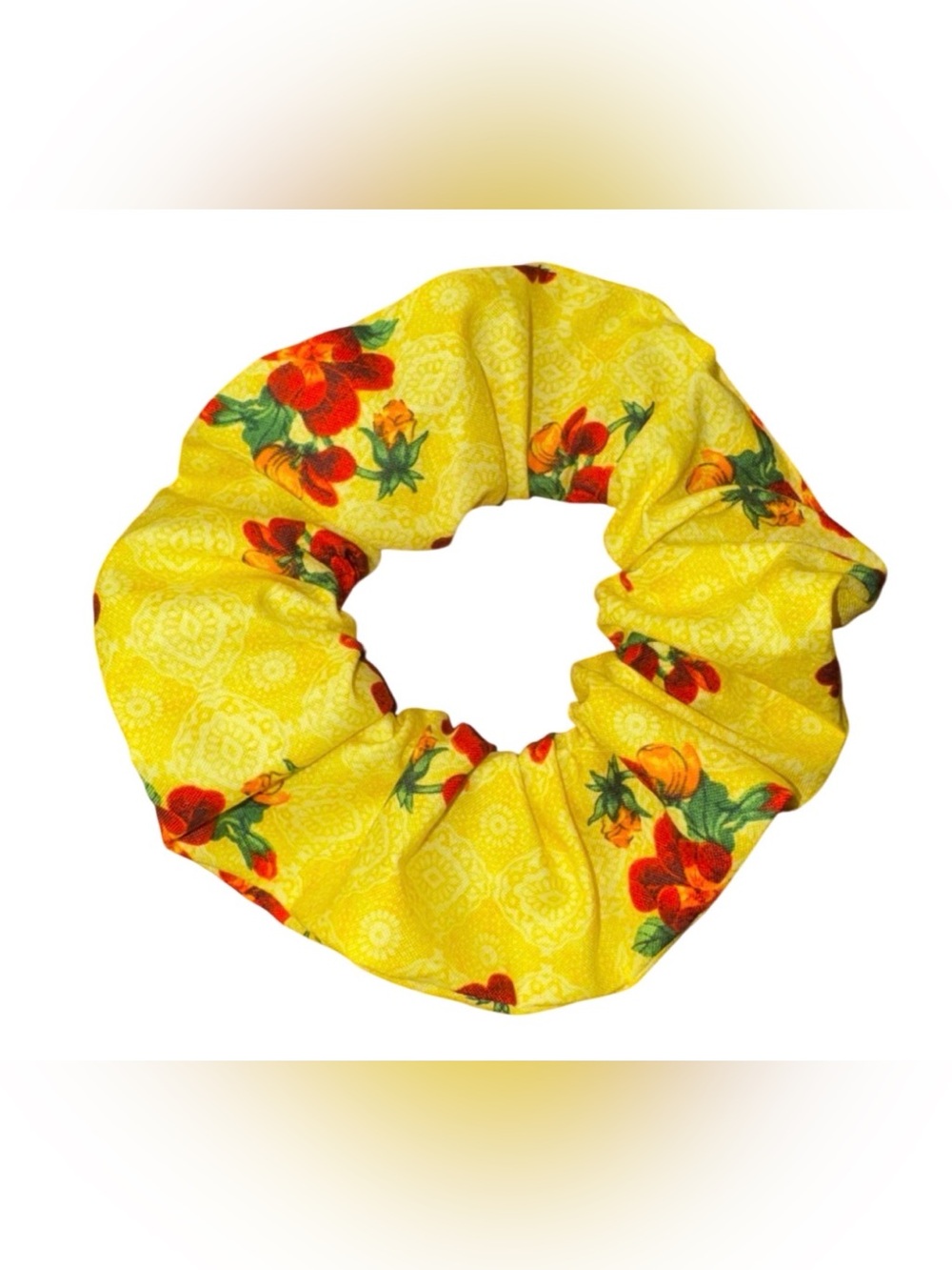 Handmade Yellow Flower Print Hair Scrunchie 6”